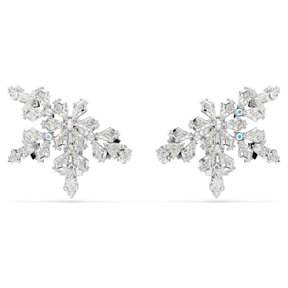 Idyllia clip earrings, Mixed cuts, Half snowflake, White, Rhodium plated - Swarovski, 5692635