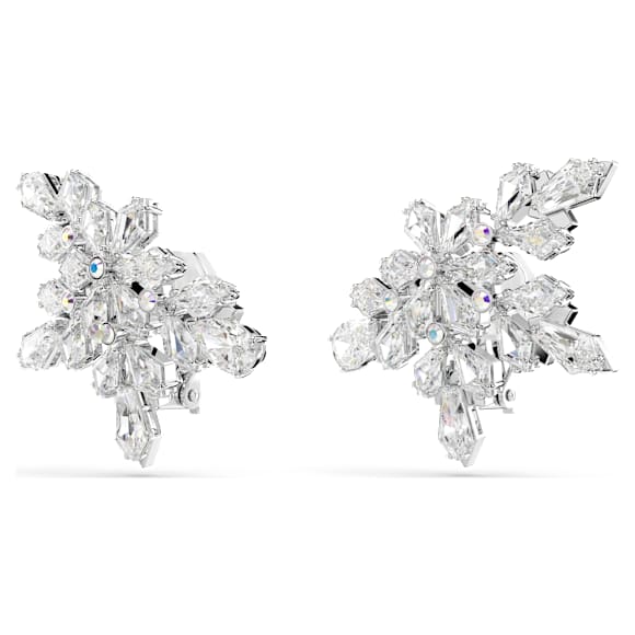 Idyllia clip earrings, Mixed cuts, Half snowflake, White, Rhodium plated - Swarovski, 5692635
