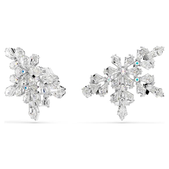 Idyllia clip earrings, Mixed cuts, Half snowflake, White, Rhodium plated - Swarovski, 5692635