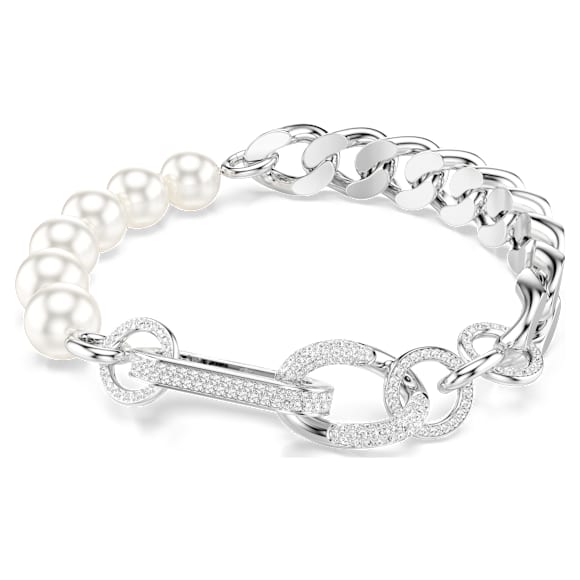 Dextera bracelet, Crystal pearl, Mixed links, White, Rhodium plated - Swarovski, 5692743