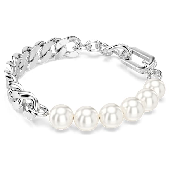 Dextera bracelet, Crystal pearl, Mixed links, White, Rhodium plated - Swarovski, 5692743