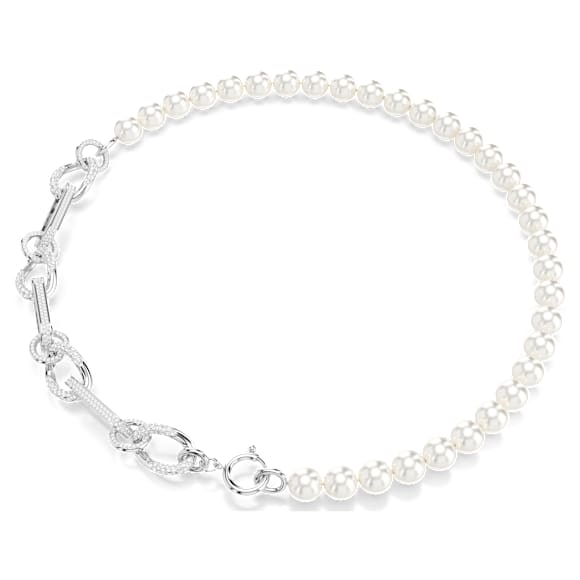 Dextera necklace, Crystal pearl, Mixed links, White, Rhodium plated - Swarovski, 5692744