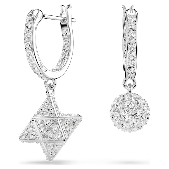 Dextera drop earrings, Asymmetrical design, Round cut, Star and sphere, White, Rhodium plated - Swarovski, 5693194