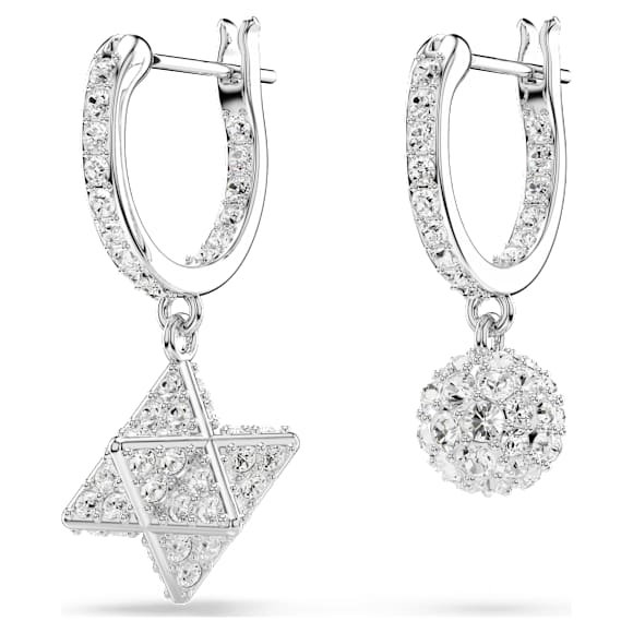 Dextera drop earrings, Asymmetrical design, Round cut, Star and sphere, White, Rhodium plated - Swarovski, 5693194