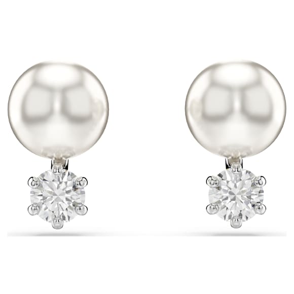 Matrix stud earrings, Crystal pearl, Round cut, White, Rhodium plated - Swarovski, 5694225