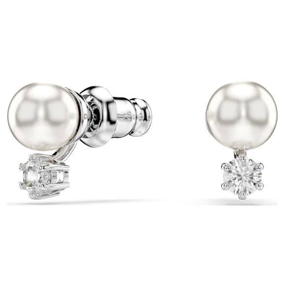 Matrix stud earrings, Crystal pearl, Round cut, White, Rhodium plated - Swarovski, 5694225