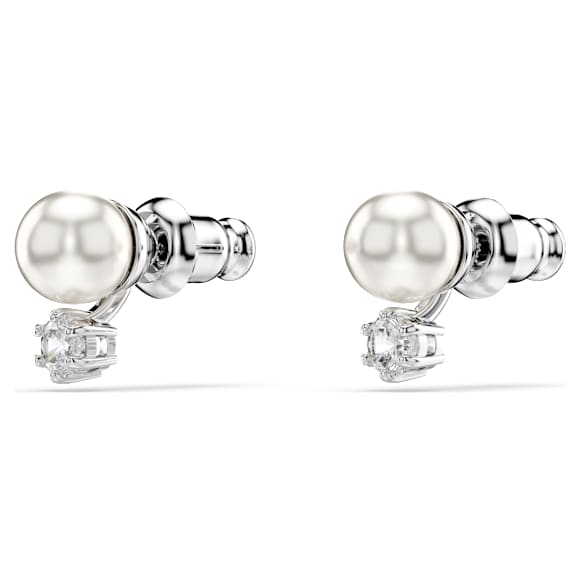 Matrix stud earrings, Crystal pearl, Round cut, White, Rhodium plated - Swarovski, 5694225
