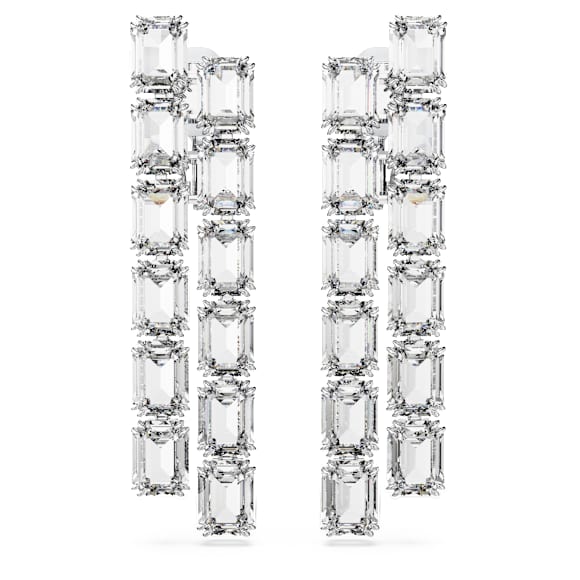 Millenia clip earrings, Octagon cut, Long, White, Rhodium plated - Swarovski, 5696320