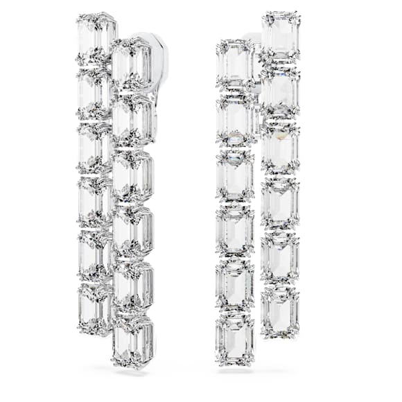 Millenia clip earrings, Octagon cut, Long, White, Rhodium plated - Swarovski, 5696320
