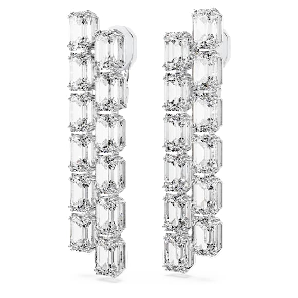 Millenia clip earrings, Octagon cut, Long, White, Rhodium plated - Swarovski, 5696320
