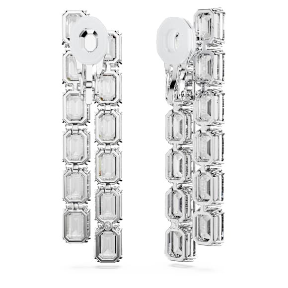 Millenia clip earrings, Octagon cut, Long, White, Rhodium plated - Swarovski, 5696320