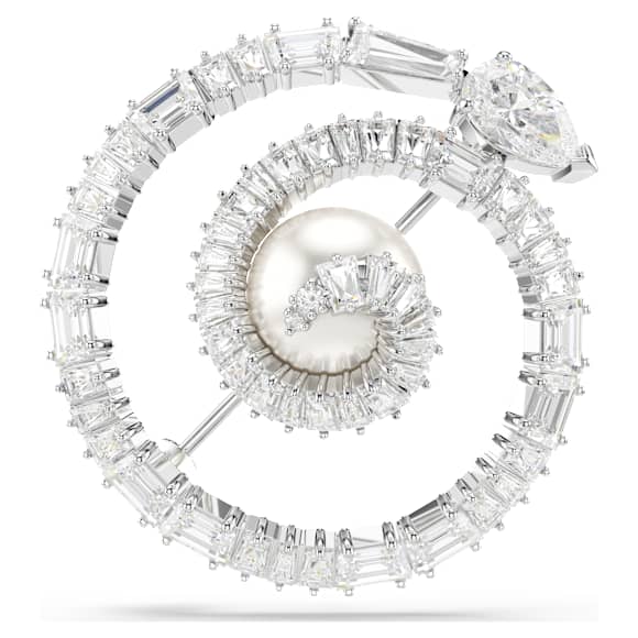 Snake 胸針, 水晶珍珠, 混合式切割, 蛇年, 白色, 鍍白金色| Swarovski