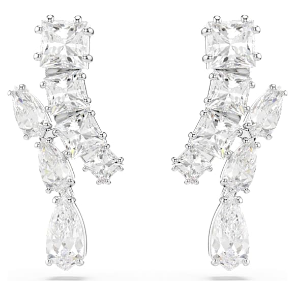 Matrix drop earrings, Mixed cuts, White, Rhodium plated - Swarovski, 5700418