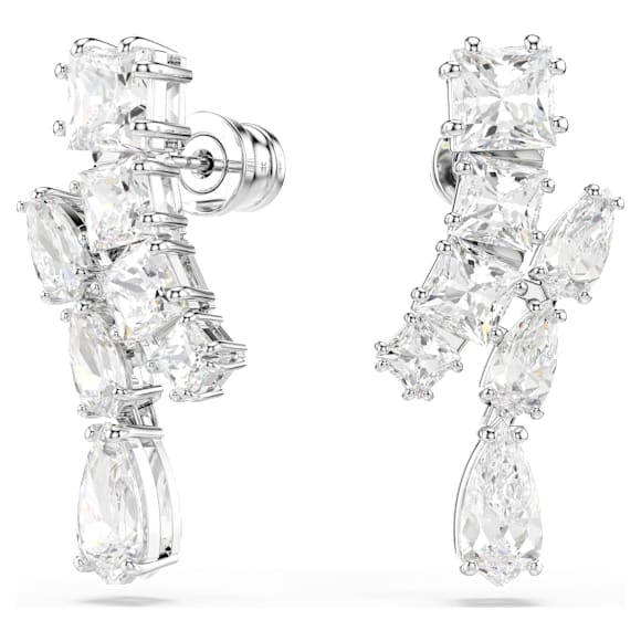 Matrix drop earrings, Mixed cuts, White, Rhodium plated - Swarovski, 5700418