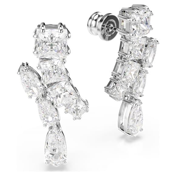 Matrix drop earrings, Mixed cuts, White, Rhodium plated - Swarovski, 5700418