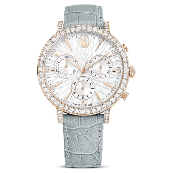 Matrix Tennis Chrono 워치, 스위스 메이드, 레더 스트랩, 그레이, 샴페인 골드 톤 피니시 - Swarovski, 5702851