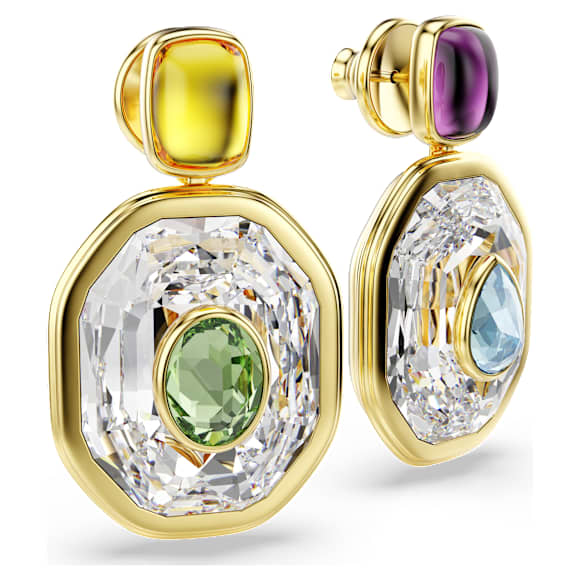 Chroma drop earrings, Asymmetrical design, Octagon cut, Multicolored, Gold-tone plated - Swarovski, 5705582