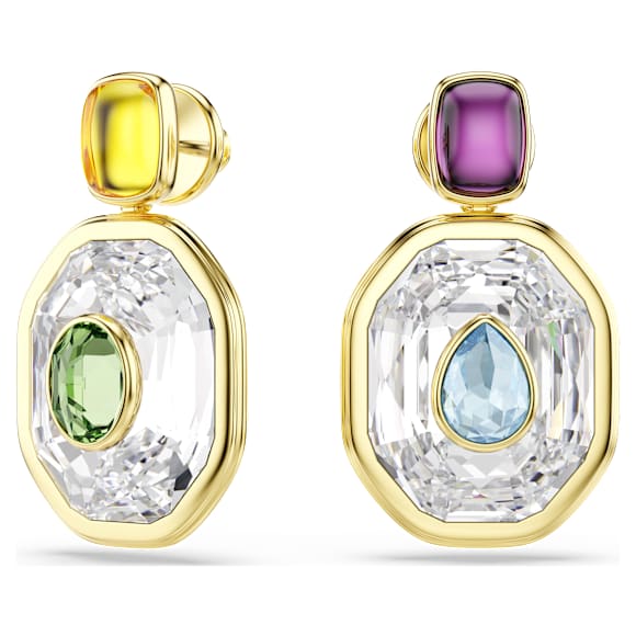 Chroma drop earrings, Asymmetrical design, Octagon cut, Multicoloured, Gold-tone plated - Swarovski, 5705582