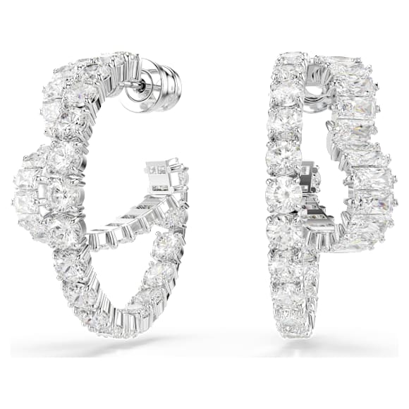 Matrix hoop earrings, Mixed cuts, Heart, White, Rhodium plated - Swarovski, 5705748