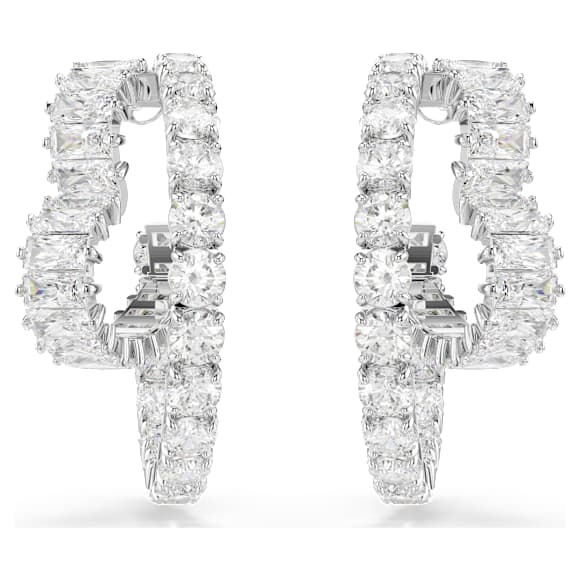 Matrix hoop earrings, Mixed cuts, Heart, White, Rhodium plated - Swarovski, 5705748
