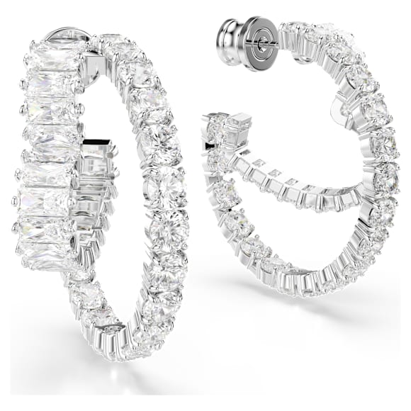 Matrix hoop earrings, Mixed cuts, Heart, White, Rhodium plated - Swarovski, 5705748