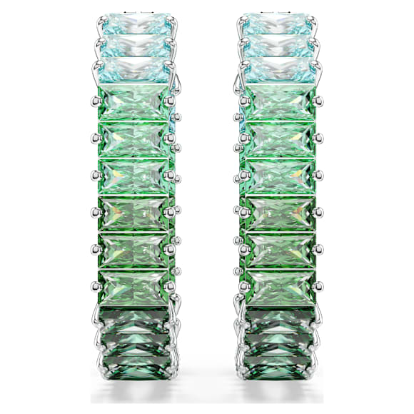 Matrix hoop earrings, Baguette cut, Octagon shape, Color gradient, Green, Rhodium plated - Swarovski, 5705787