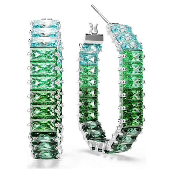 Matrix hoop earrings, Baguette cut, Octagon shape, Color gradient, Green, Rhodium plated - Swarovski, 5705787