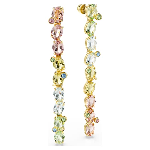 Gema drop earrings, Asymmetrical design, Mixed cuts, Long, Multicolored, Gold-tone plated - Swarovski, 5705809