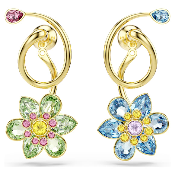 Idyllia 드롭 이어링, 비대칭 디자인, 믹스 컷, 꽃, 멀티컬러, 18K 골드 피니시 - Swarovski, 5709025