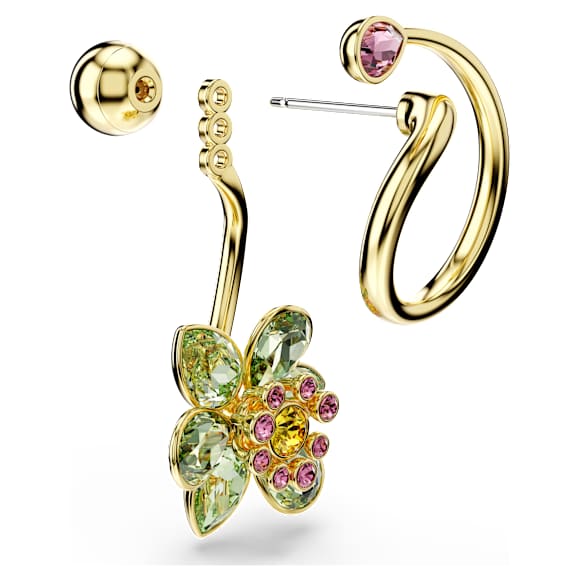 Idyllia drop earrings, Asymmetrical design, Mixed cuts, Flower, Multicolored, Gold-tone plated - Swarovski, 5709025