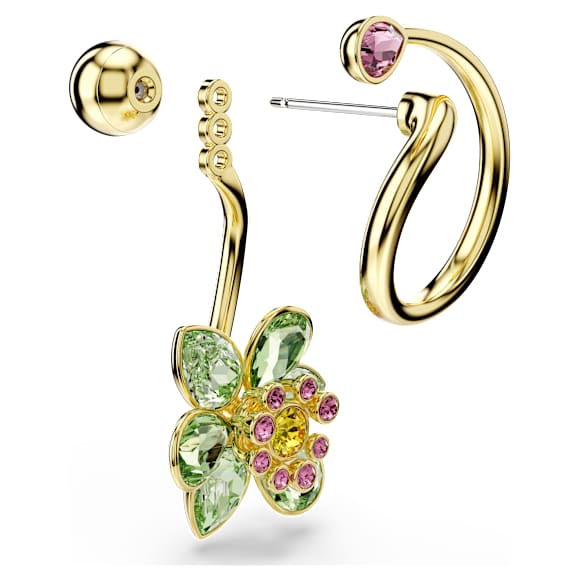 Idyllia drop earrings, Asymmetrical design, Mixed cuts, Flower, Multicoloured, 18K gold finish - Swarovski, 5709025