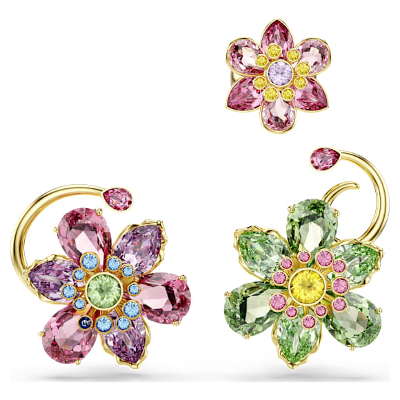 Idyllia Ohrspange, Set (3), asymmetrisches Design, verschiedene Schliffe, Blume, Mehrfarbig, 18K Goldbeschichtet - Swarovski, 5709026
