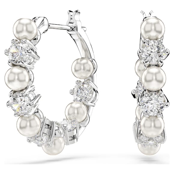 Matrix hoop earrings, Crystal pearl, Round cut, White, Rhodium plated - Swarovski, 5709256