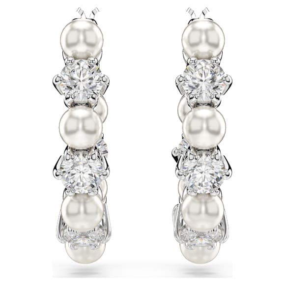 Matrix hoop earrings, Crystal pearl, Round cut, White, Rhodium plated - Swarovski, 5709256