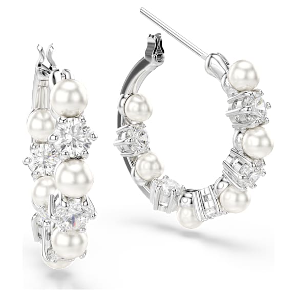 Matrix hoop earrings, Crystal pearl, Round cut, White, Rhodium plated - Swarovski, 5709256