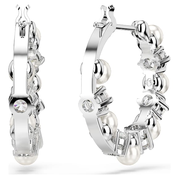 Matrix hoop earrings, Crystal pearl, Round cut, White, Rhodium plated - Swarovski, 5709256