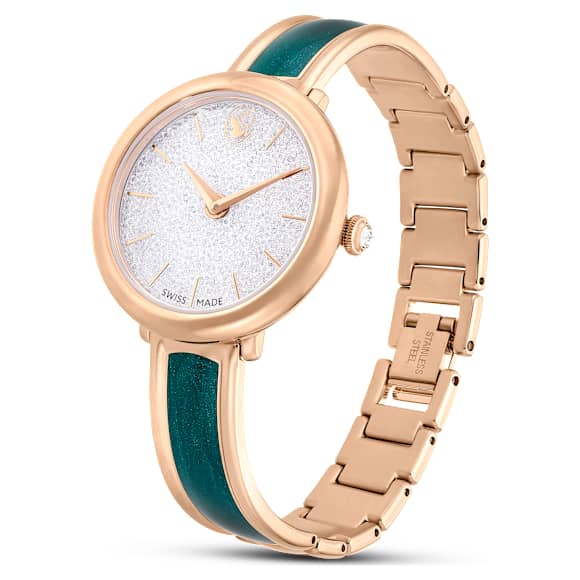 Crystalline Bangle watch, Swiss Made, Metal bracelet, Green, Rose gold-tone finish - Swarovski, 5709816