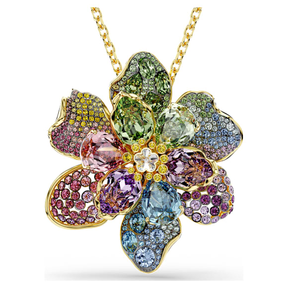Idyllia pendant and brooch, Mixed cuts, Pavé, Flower, Multicolored
