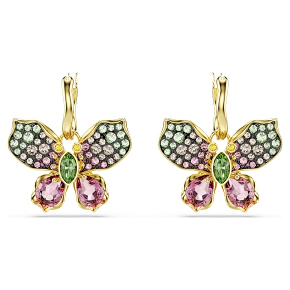 Brincos compridos Idyllia, Combinação de lapidações, Pavé, Borboleta, Multicor, Acabamento em ouro de 18 quilates - Swarovski, 5709953