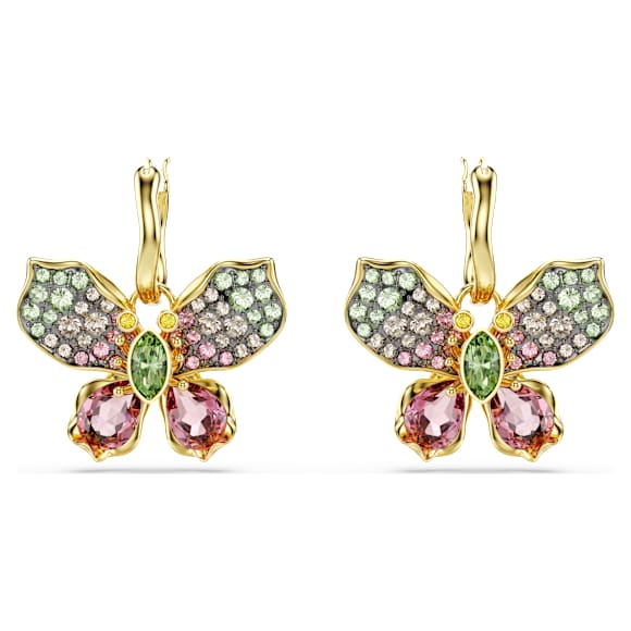 Idyllia drop earrings, Mixed cuts, Pavé, Butterfly, Multicolored, Gold-tone plated - Swarovski, 5709953
