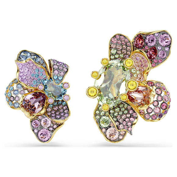 Idyllia clip oorbellen, Asymmetrisch ontwerp, Verschillende slijpvormen, Pavé, Bloem, Meerkleurig, Goudkleurige toplaag - Swarovski, 5709957