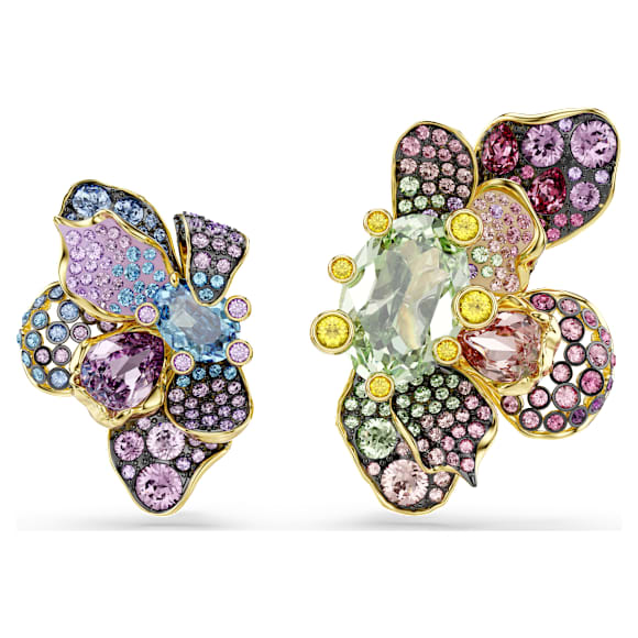 Klipsy Idyllia, Wzór asymetryczny, Szlify różnorodne, Oprawa brukowa, Kwiat, Różnokolorowe, Wykończenie z 18-karatowego złota - Swarovski, 5709957