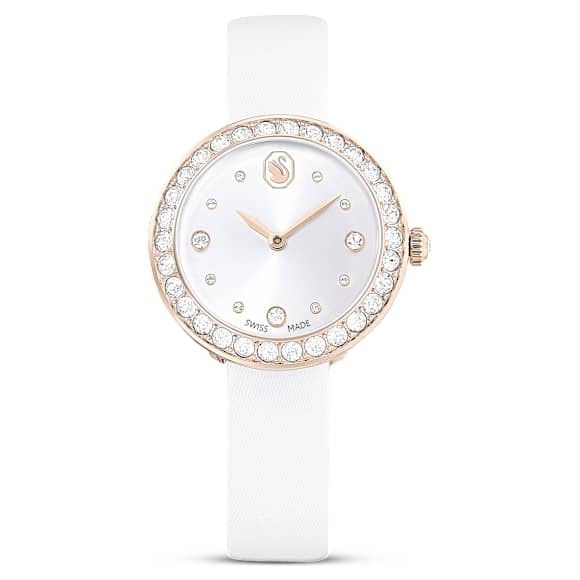 Ročna ura Matrix Tennis, Izdelano v Švici, Usnjeni jermen, Bela, Prevleka v zlatem odtenku šampanjca - Swarovski, 5710103