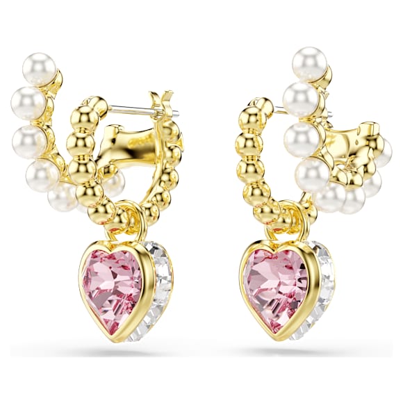 Imber 大圈耳環, 水晶珍珠，心形切割, 心形, 粉紅色, 鍍金（金色飾面） - Swarovski, 5711345
