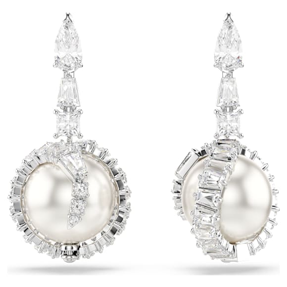 Snake 드롭 이어링, 크리스털 펄, 믹스 컷, 크리스털 펄, 뱀의 해, 화이트, 로듐 플래팅 - Swarovski, 5714668
