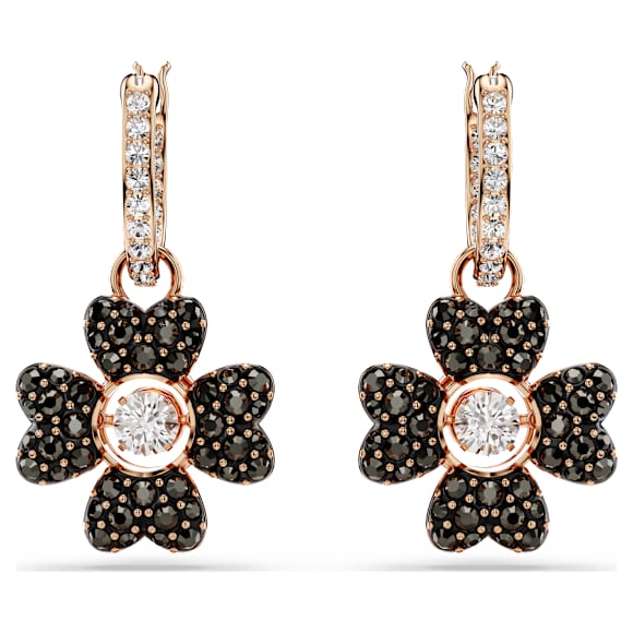 Idyllia ドロップピアス, クローバー, ブラック, 18Kローズゴールド