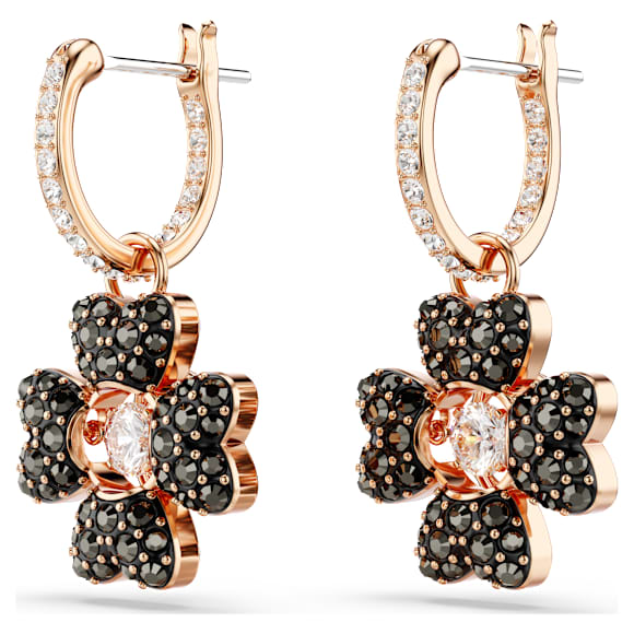 Idyllia 水滴形耳环, 幸运草, 黑色, 镀玫瑰金色调 - Swarovski, 5714902