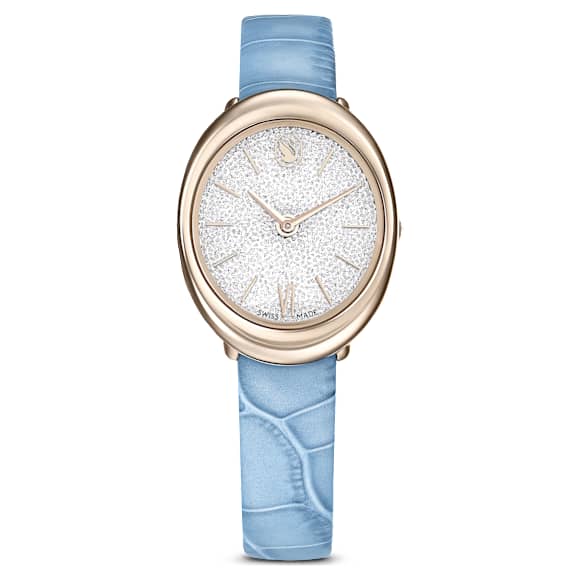 Imber watch, Swiss Made, Leather strap, Blue, Champagne gold-tone finish - Swarovski, 5717539