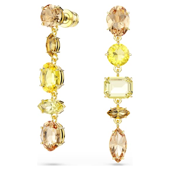 Gema csepp alakú fülbevaló, Aszimmetrikus dizájn, Vegyes metszés, Nagy, Sárga, 18 kt-os aranybevonat - Swarovski, 5718073