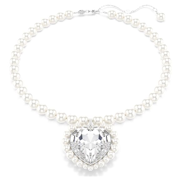 Ariana Grande x Swarovski necklace, Crystal pearl, Heart cut, Heart, White, Rhodium plated - Swarovski, 5720858